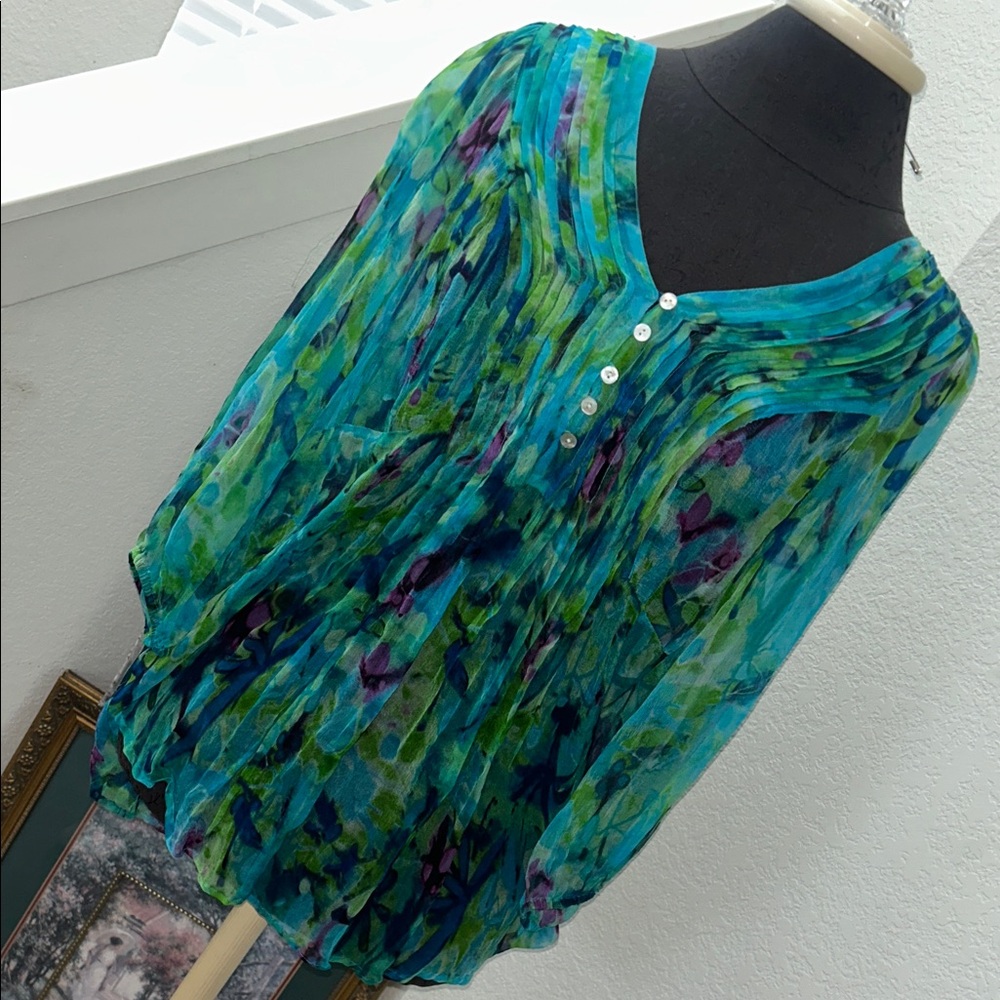 Lightweight Teal Floral Pleated Tunic Blouse